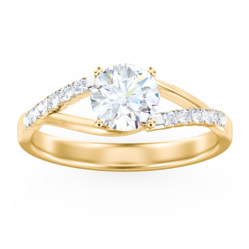 Solitaire Diamond Engagement Ring with Twisted Split Shank and Accents – 10K Yellow Gold with Lab Diamond