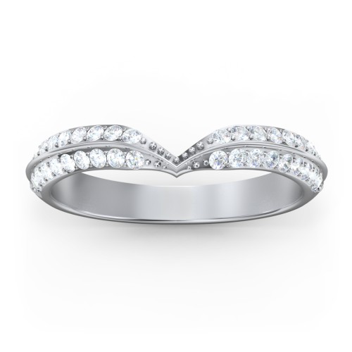 V-Shape Double Row Accented Band Ring – 14K White Gold with Diamond