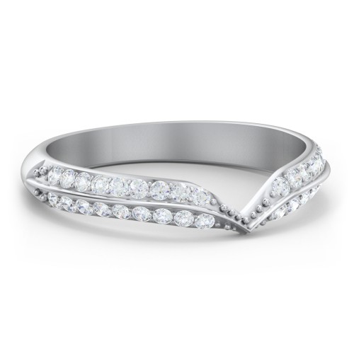 V-Shape Double Row Accented Band Ring – 14K White Gold with Diamond