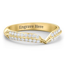 V-Shape Double Row Accented Band Ring in 10K Solid Yellow Gold with Diamond