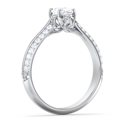 Diamond Solitaire Engagement Ring with Double Row Accents – 14K White Gold with Diamond