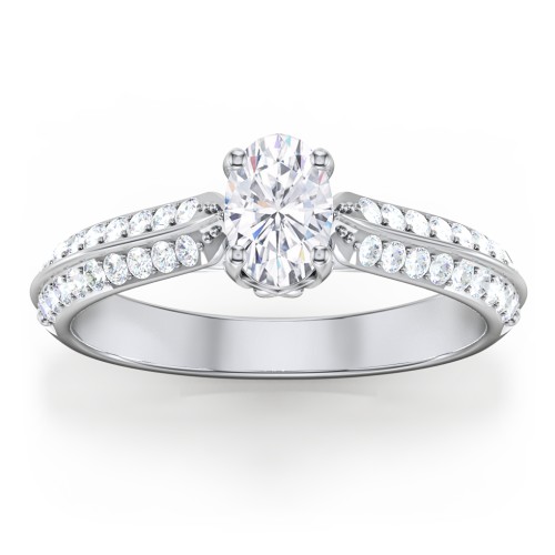 Diamond Solitaire Engagement Ring with Double Row Accents – 14K White Gold with Diamond