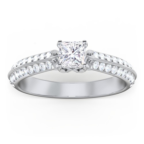 Diamond Solitaire Engagement Ring with Double Row Accents – 14K White Gold with Diamond