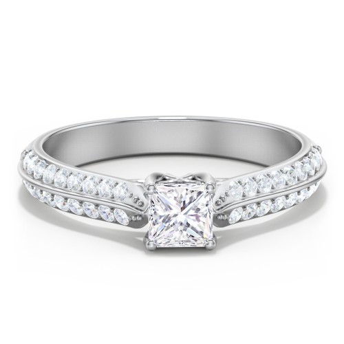 Diamond Solitaire Engagement Ring with Double Row Accents – 14K White Gold with Diamond