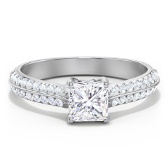 Diamond Solitaire Engagement Ring with Double Row Accents – 14K White Gold with Diamond