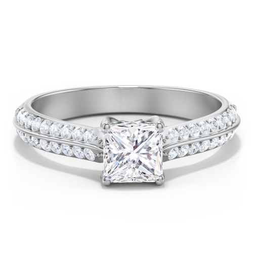 Diamond Solitaire Engagement Ring with Double Row Accents – 14K White Gold with Diamond