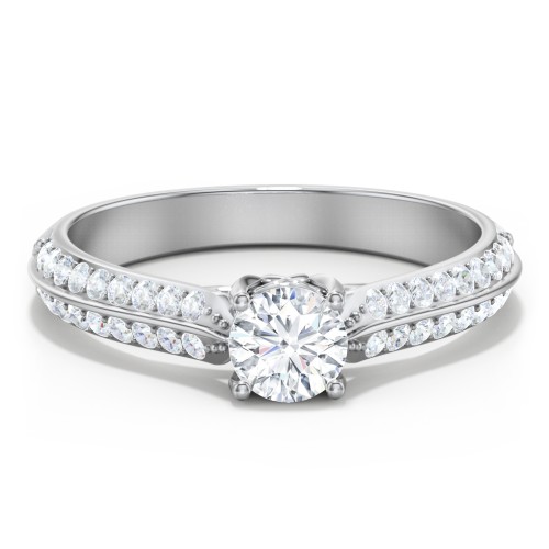 Diamond Solitaire Engagement Ring with Double Row Accents – 14K White Gold with Diamond