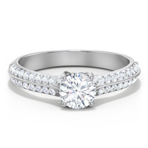 Diamond Solitaire Engagement Ring with Double Row Accents – 14K White Gold with Diamond