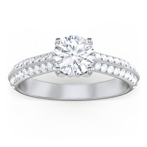 Diamond Solitaire Engagement Ring with Double Row Accents – 14K White Gold with Diamond