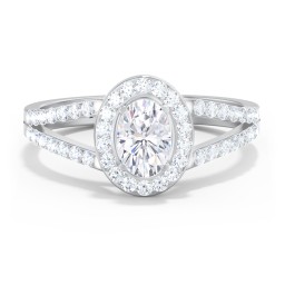 Diamond Halo Engagement Ring with Split Shank and Accents