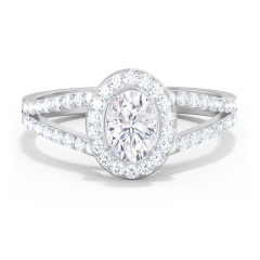 Diamond Halo Engagement Ring with Split Shank and Accents – 14K White Gold with Lab Diamond
