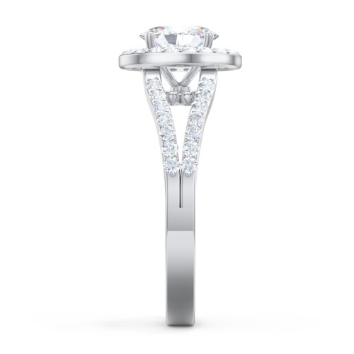 Diamond Halo Engagement Ring with Split Shank and Accents – 14K White Gold with Lab Diamond