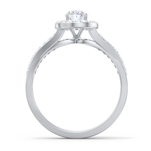 Diamond Halo Engagement Ring with Split Shank and Accents – 14K White Gold with Lab Diamond