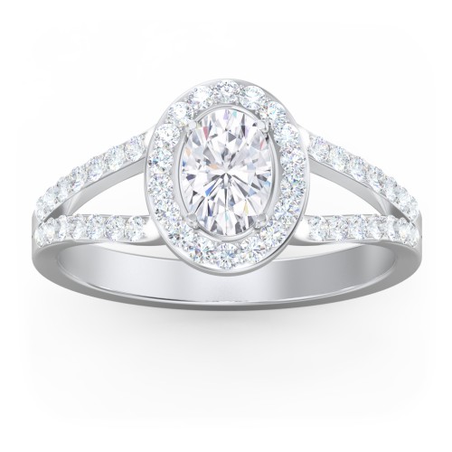 Diamond Halo Engagement Ring with Split Shank and Accents – 14K White Gold with Lab Diamond
