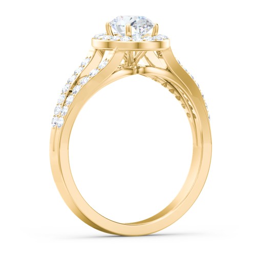 Diamond Halo Engagement Ring with Split Shank and Accents – 10K Yellow Gold with Lab Diamond