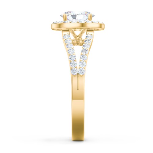 Diamond Halo Engagement Ring with Split Shank and Accents – 10K Yellow Gold with Lab Diamond
