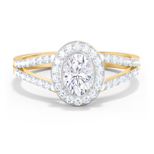 Diamond Halo Engagement Ring with Split Shank and Accents – 10K Yellow Gold with Lab Diamond