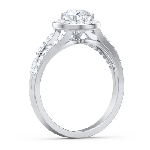 Diamond Halo Engagement Ring with Split Shank and Accents – 14K White Gold with Lab Diamond