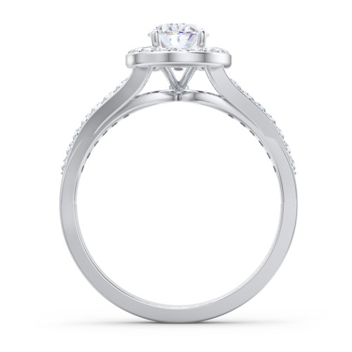 Diamond Halo Engagement Ring with Split Shank and Accents – 14K White Gold with Lab Diamond