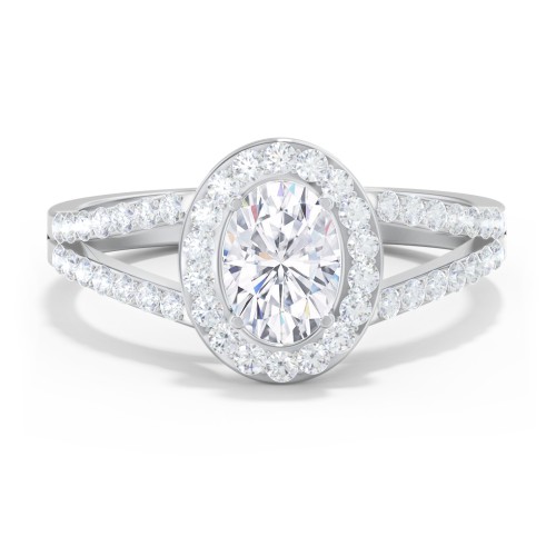 Diamond Halo Engagement Ring with Split Shank and Accents – 14K White Gold with Lab Diamond