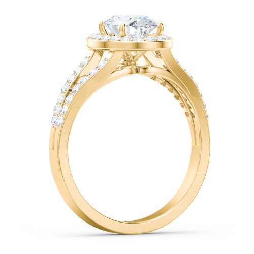 Diamond Halo Engagement Ring with Split Shank and Accents – 10K Yellow Gold with Lab Diamond
