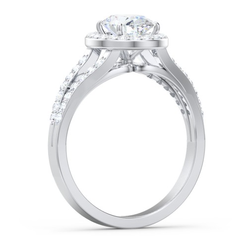 Diamond Halo Engagement Ring with Split Shank and Accents – 14K White Gold with Lab Diamond