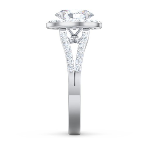 Diamond Halo Engagement Ring with Split Shank and Accents – 14K White Gold with Lab Diamond