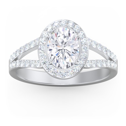 Diamond Halo Engagement Ring with Split Shank and Accents – 14K White Gold with Lab Diamond