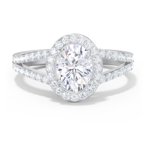 Diamond Halo Engagement Ring with Split Shank and Accents – 14K White Gold with Lab Diamond
