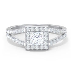 Diamond Halo Engagement Ring with Split Shank and Accents