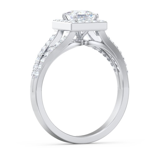 Diamond Halo Engagement Ring with Split Shank and Accents – 14K White Gold with Lab Diamond