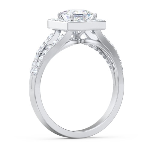 Diamond Halo Engagement Ring with Split Shank and Accents – 14K White Gold with Lab Diamond