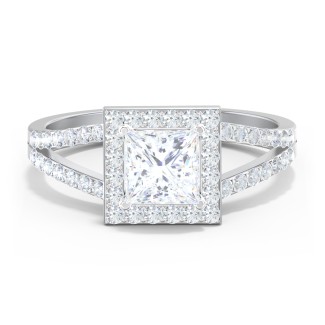Diamond Halo Engagement Ring with Split Shank and Accents