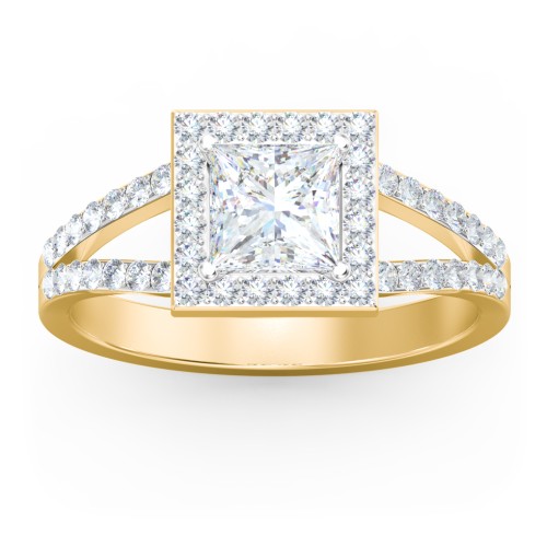 Diamond Halo Engagement Ring with Split Shank and Accents
