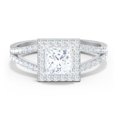 Diamond Halo Engagement Ring with Split Shank and Accents – 14K White Gold with Lab Diamond