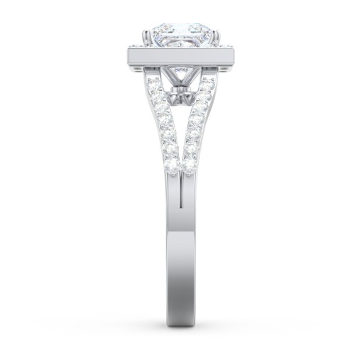 Diamond Halo Engagement Ring with Split Shank and Accents – 14K White Gold with Lab Diamond