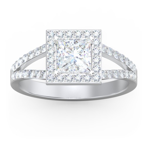 Diamond Halo Engagement Ring with Split Shank and Accents – 14K White Gold with Lab Diamond