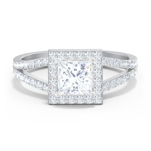 Diamond Halo Engagement Ring with Split Shank and Accents – 14K White Gold with Lab Diamond