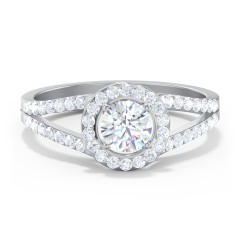 Diamond Halo Engagement Ring with Split Shank and Accents – 14K White Gold with Lab Diamond