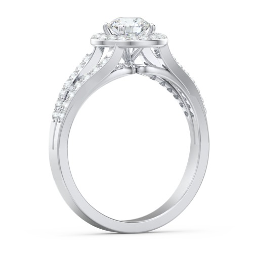 Diamond Halo Engagement Ring with Split Shank and Accents – 14K White Gold with Lab Diamond