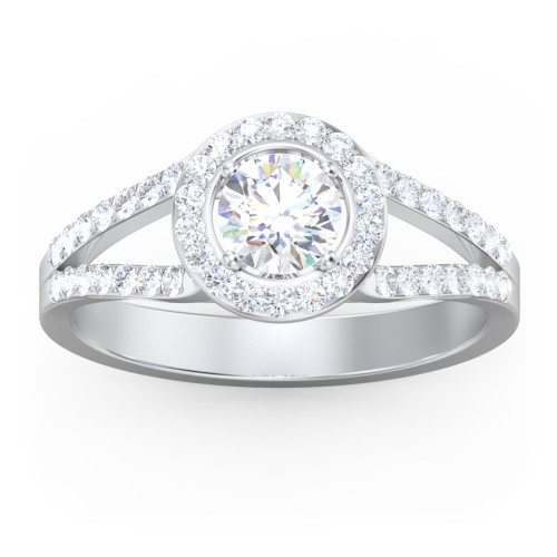 Diamond Halo Engagement Ring with Split Shank and Accents – 14K White Gold with Lab Diamond
