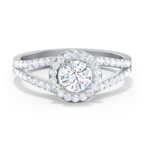 Diamond Halo Engagement Ring with Split Shank and Accents – 14K White Gold with Lab Diamond