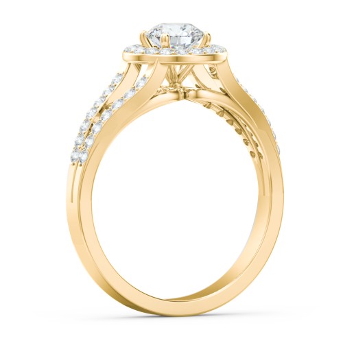 Diamond Halo Engagement Ring with Split Shank and Accents – 10K Yellow Gold with Lab Diamond