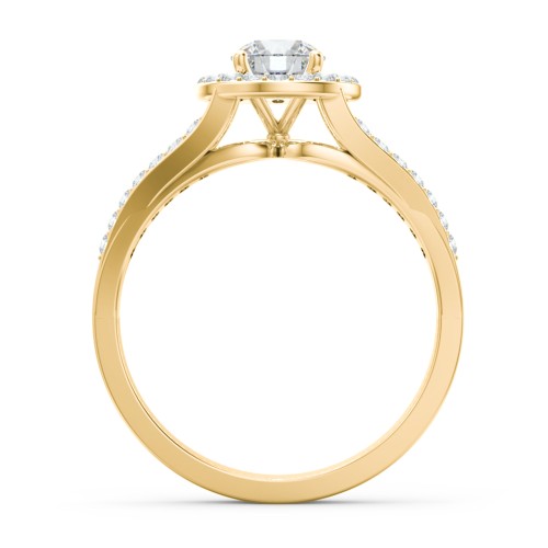 Diamond Halo Engagement Ring with Split Shank and Accents – 10K Yellow Gold with Lab Diamond