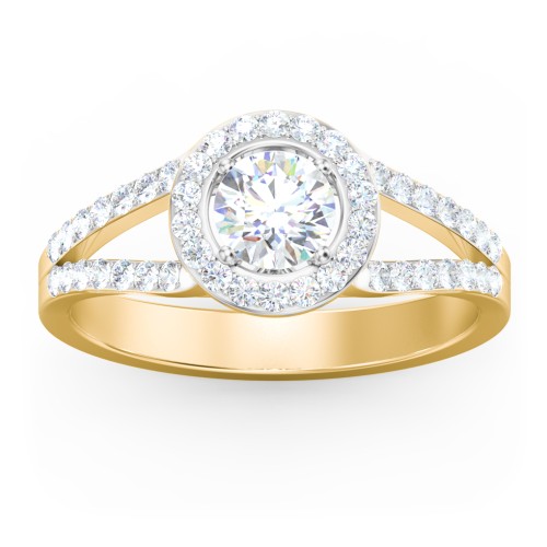 Diamond Halo Engagement Ring with Split Shank and Accents – 10K Yellow Gold with Lab Diamond
