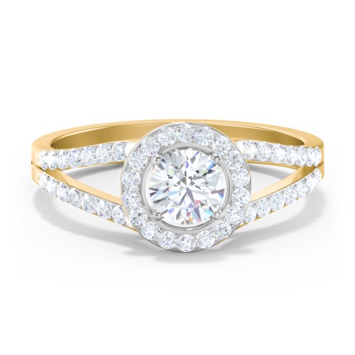 Diamond Halo Engagement Ring with Split Shank and Accents – 10K Yellow Gold with Lab Diamond