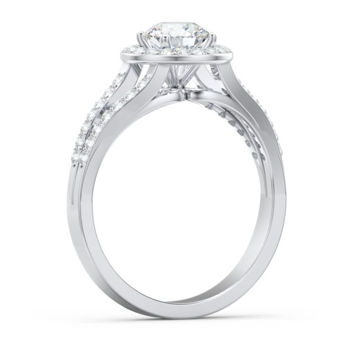 Diamond Halo Engagement Ring with Split Shank and Accents – 14K White Gold with Lab Diamond