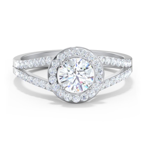 Diamond Halo Engagement Ring with Split Shank and Accents – 14K White Gold with Lab Diamond