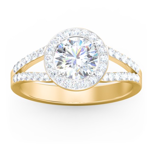Diamond Halo Engagement Ring with Split Shank and Accents