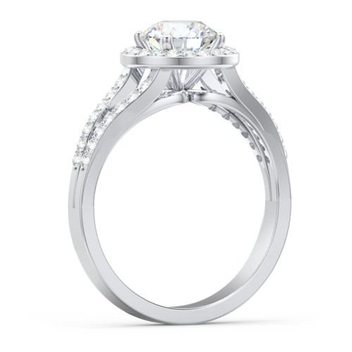 Diamond Halo Engagement Ring with Split Shank and Accents – 14K White Gold with Lab Diamond